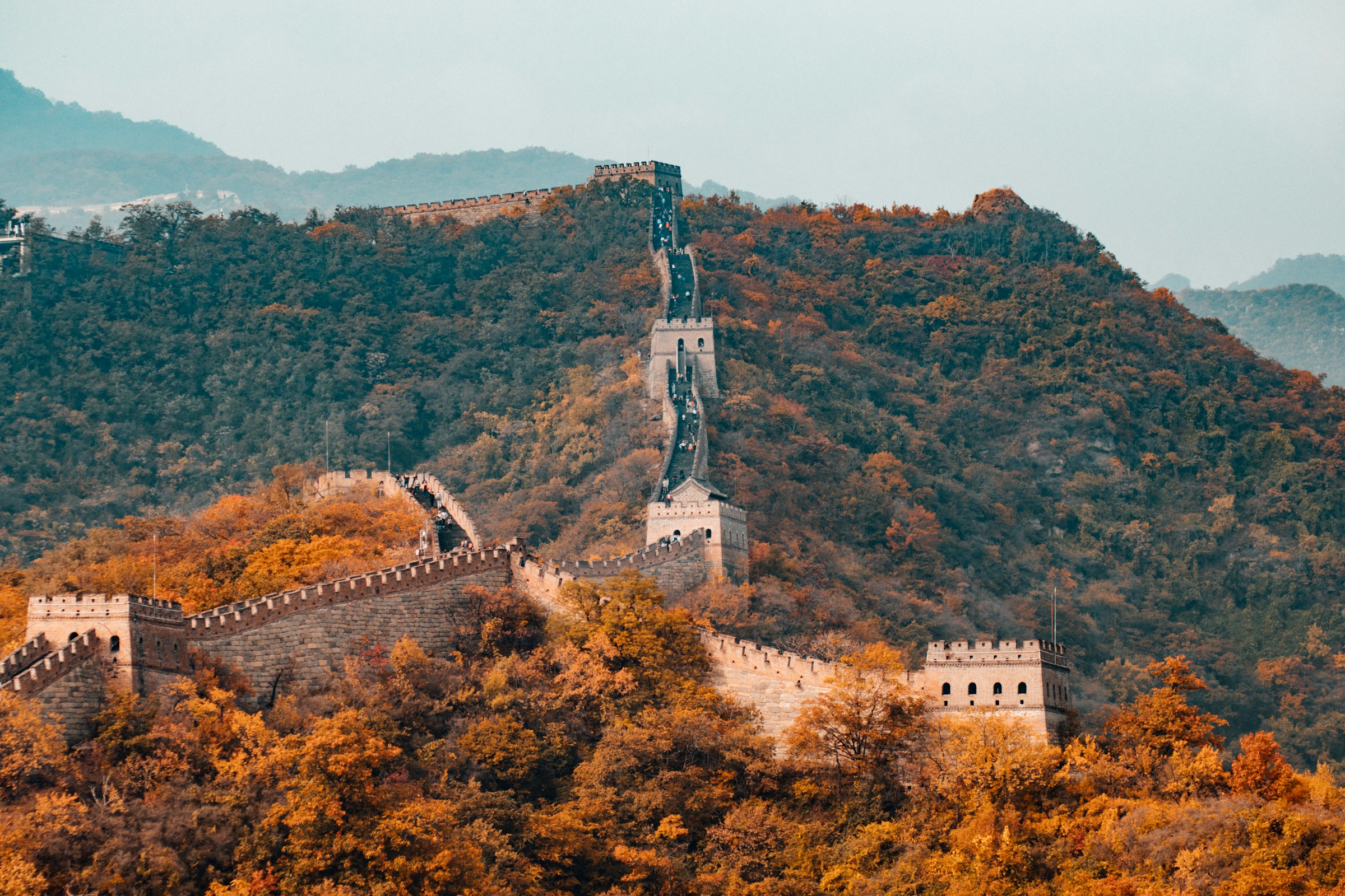The Great Wall crossing autumn hills outside Beijing