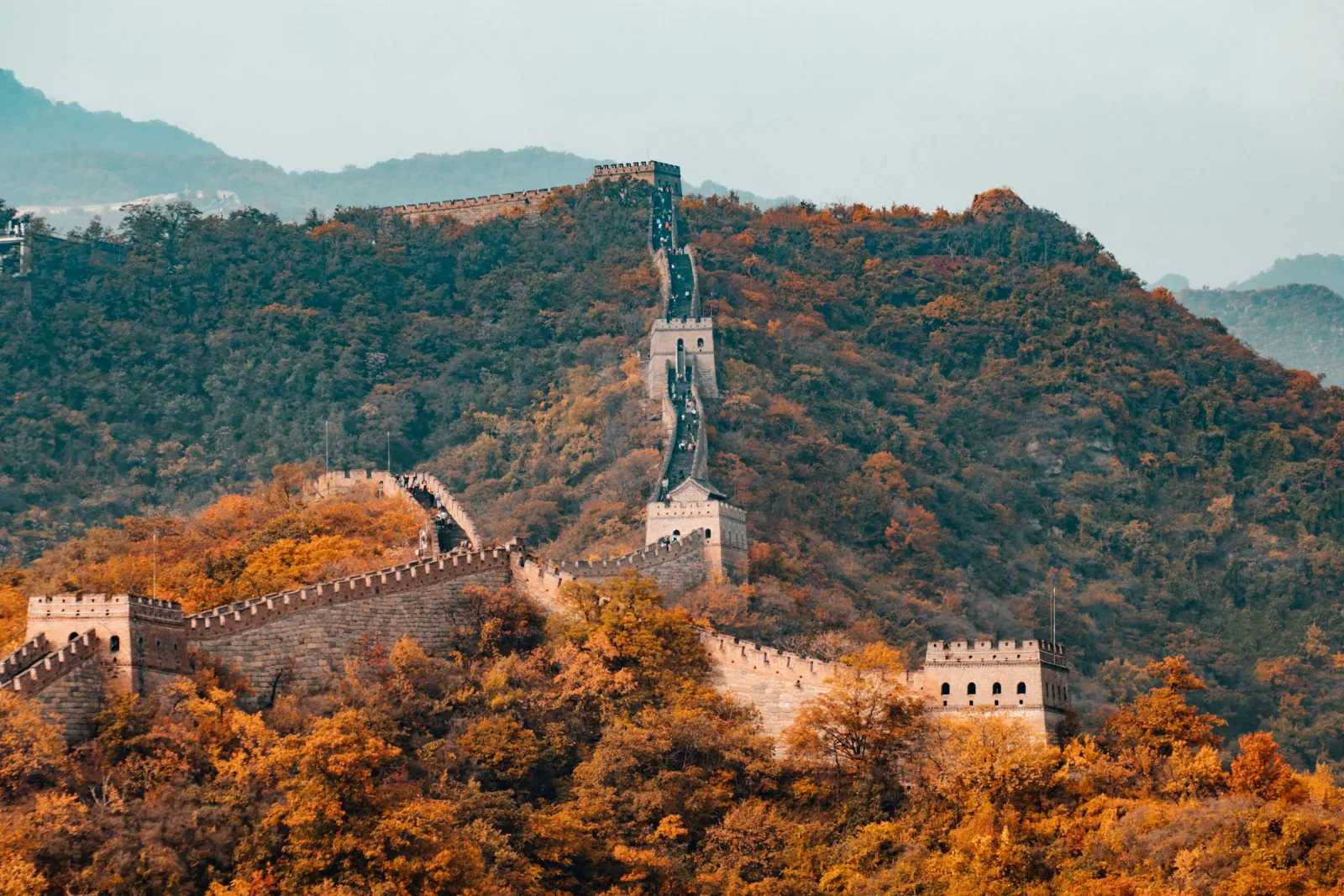 The Great Wall crossing autumn hills outside Beijing