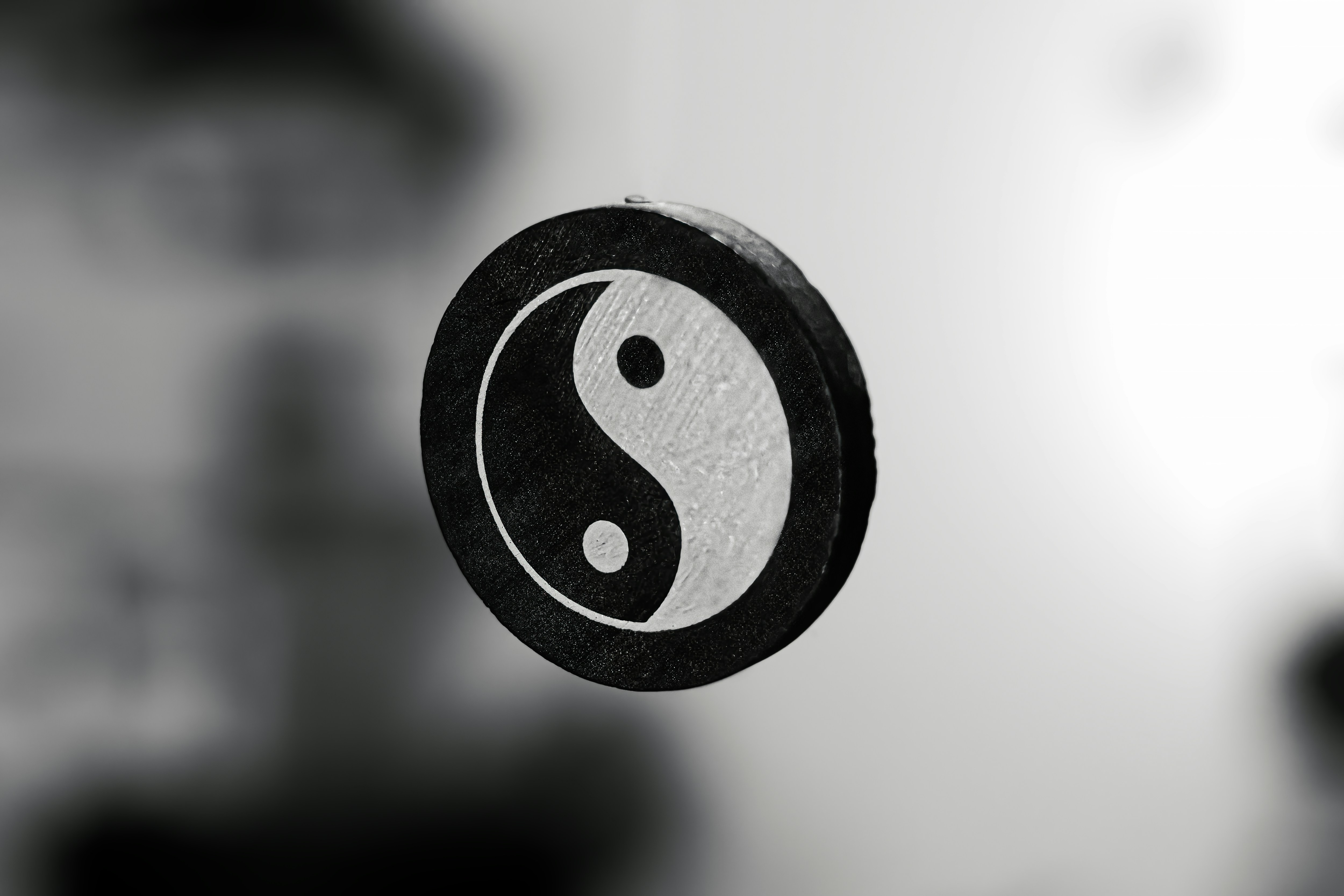 A circular yin-yang symbol rendered in calm monochrome tones